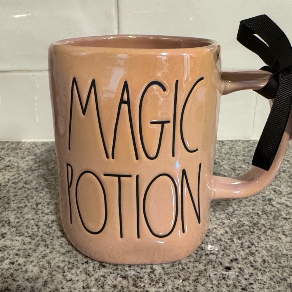 RAE DUNN Magic Potion Pink Mug with Black Ribbon